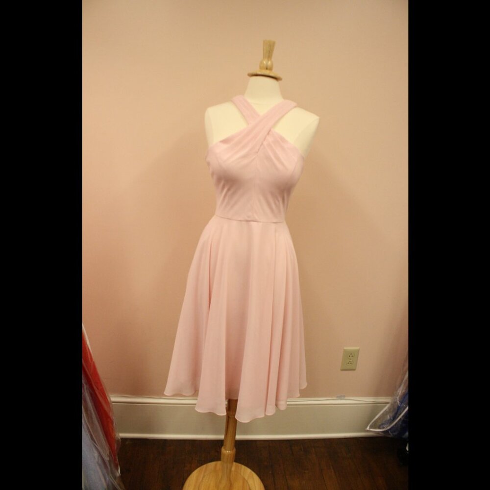 Short, Knee Length Pink Halter Chiffon Bridesmaid Dress. Keyhole Back. Size 10.